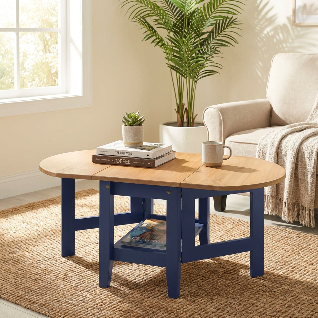 A round coffee table with a light natural wood top and navy blue legs, styled in a bright living room with a plant, armchair, and woven rug.