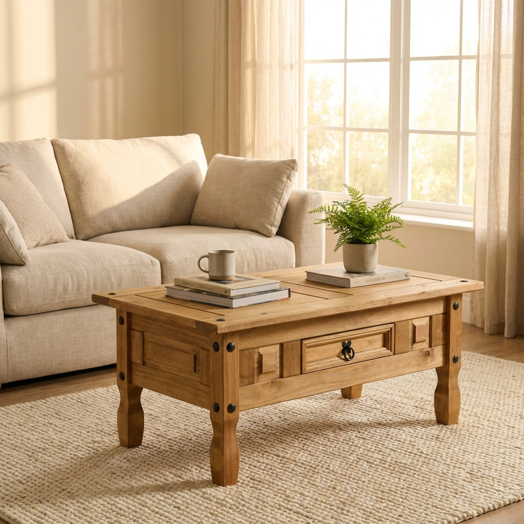 A rustic light brown wooden coffee table with drawers and metal corner accents, styled in a bright living room next to a beige sofa.