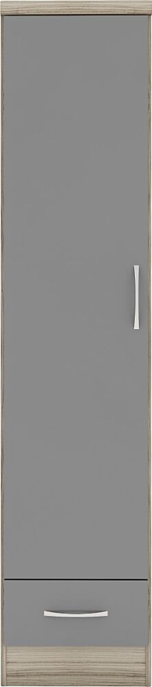 A tall, narrow gray cabinet door with a lower drawer, featuring a vertical silver handle on the door and a horizontal silver handle on the drawer, set against a light wood grain frame.