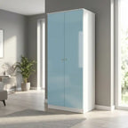 A two-door wardrobe with glossy light blue doors and a white frame, standing in a modern room with gray walls, light wood flooring, and a potted plant in the background.