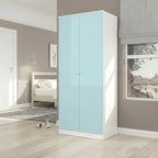 A two-door wardrobe with light blue doors and white side panels, shown in a modern bedroom setting.