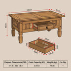 A wooden coffee table with one drawer, shown with red dimension arrows and a bottom table listing of flatpack dimensions, cubic capacity, weight, and quantity on a beige background.