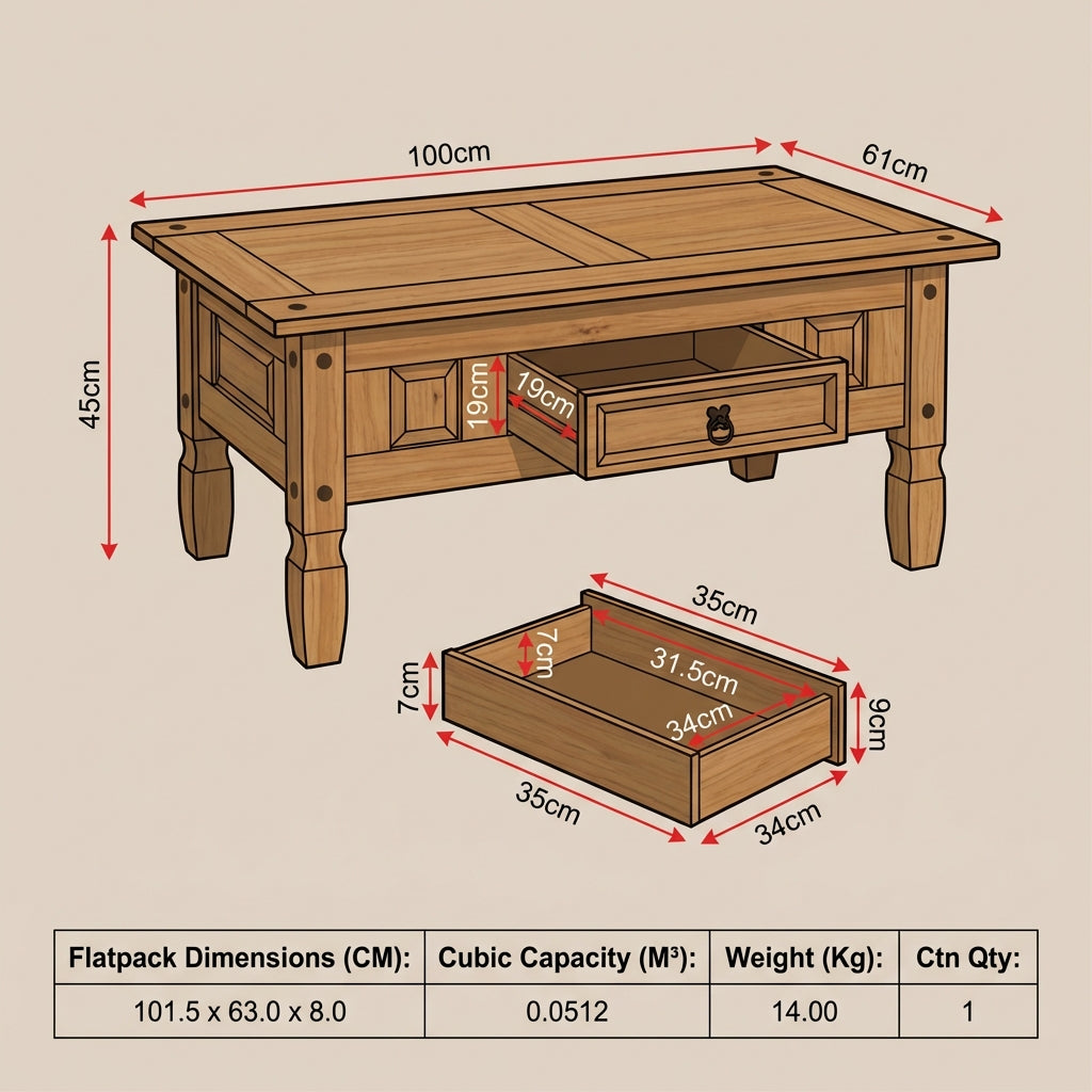 A wooden coffee table with one drawer, shown with red dimension arrows and a bottom table listing of flatpack dimensions, cubic capacity, weight, and quantity on a beige background.