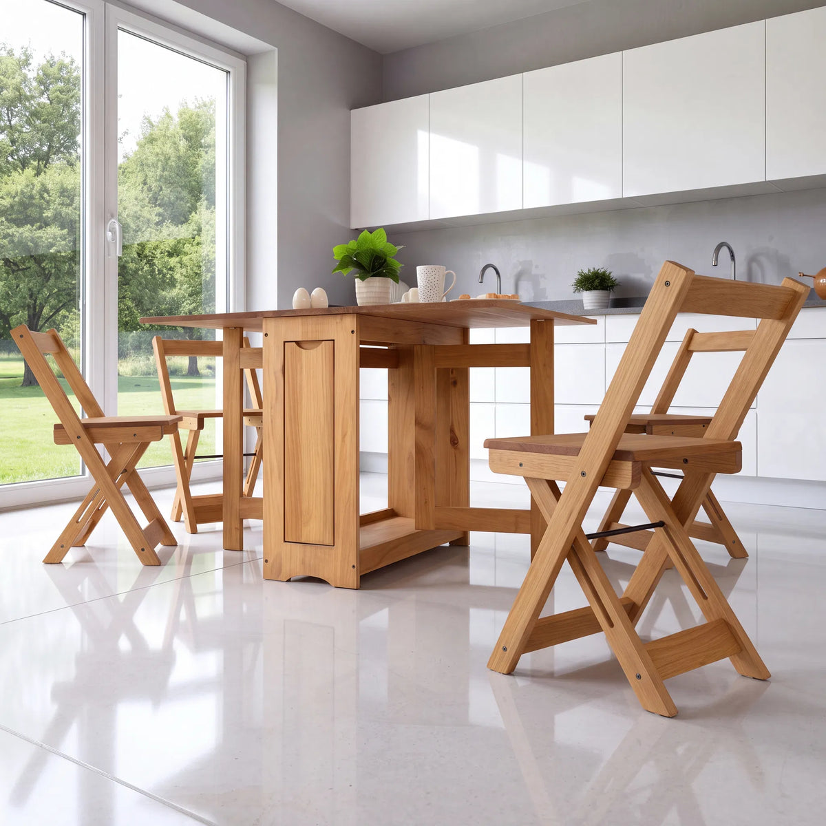 A wooden folding table and matching folding chairs in a bright, modern kitchen setting with white cabinets and large windows.