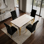 Luvon Emma Cream Marble Dining Table with Golden Frame & Black Velvet Ring Knocker Chairs