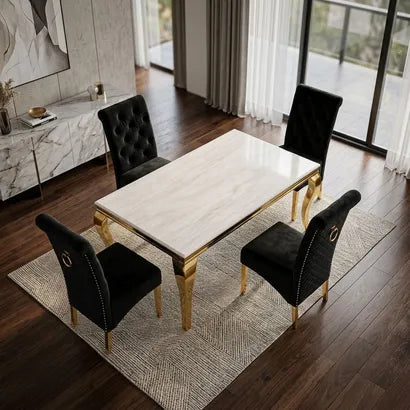 Luvon Emma Cream Marble Dining Table with Golden Frame & Black Velvet Ring Knocker Chairs