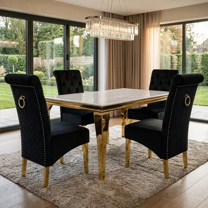 Luvon Emma Cream Marble Dining Table with Golden Frame & Black Velvet Ring Knocker Chairs