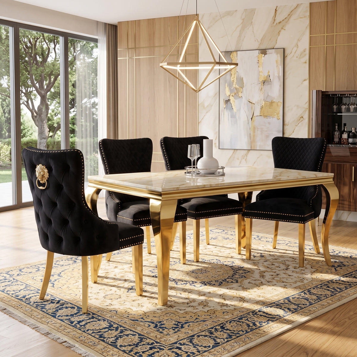 Luvon Milan Cream Marble Dining Table with Gold Frame & Lion Knocker Velvet Chairs