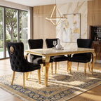 Luvon Milan Cream Marble Dining Table with Gold Frame & Lion Knocker Velvet Chairs