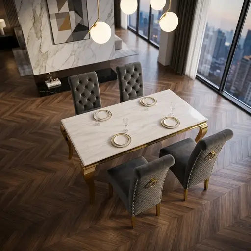 Luvon Emma Cream Marble Dining Table with Gold Frame & Grey Velvet Ring Knocker Chairs