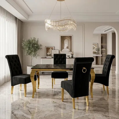 Luvon Emma Black and Gold Marble Dining Table with Golden Frame & Black Velvet Ring Knocker Chairs
