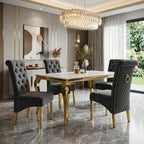 Luvon Emma Cream Marble Dining Table with Gold Frame & Grey Velvet Ring Knocker Chairs