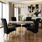 Luvon Emma Cream Marble Dining Table with Golden Frame & Black Velvet Ring Knocker Chairs
