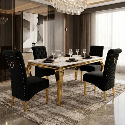 Luvon Emma Cream Marble Dining Table with Golden Frame & Black Velvet Ring Knocker Chairs