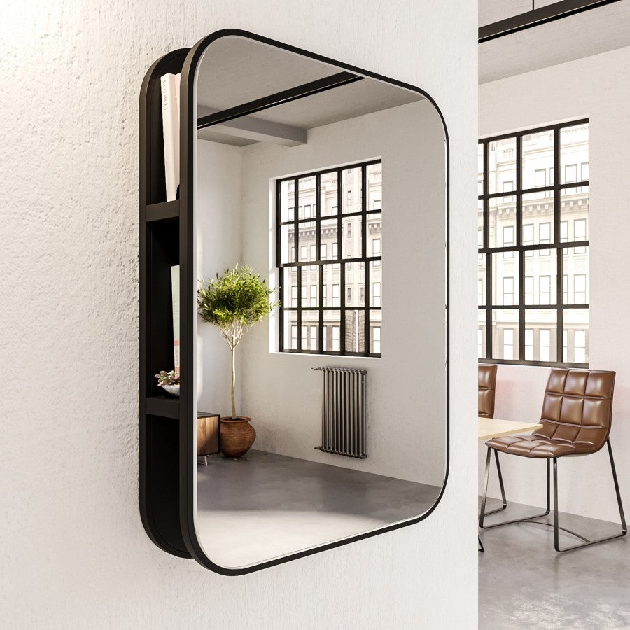 Lyra Rectangular Black Wall Mirror with Open Shelving – 60 x 80cm Modern Storage Mirror for Bathroom & Hallway