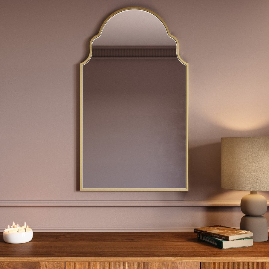 Oberon 50 x 80cm Arched Brass Mirror – Ornate Vintage Wall Mirror for Living Room & Bedroom
