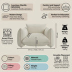 Beige armchair with product features and specifications on a beige background