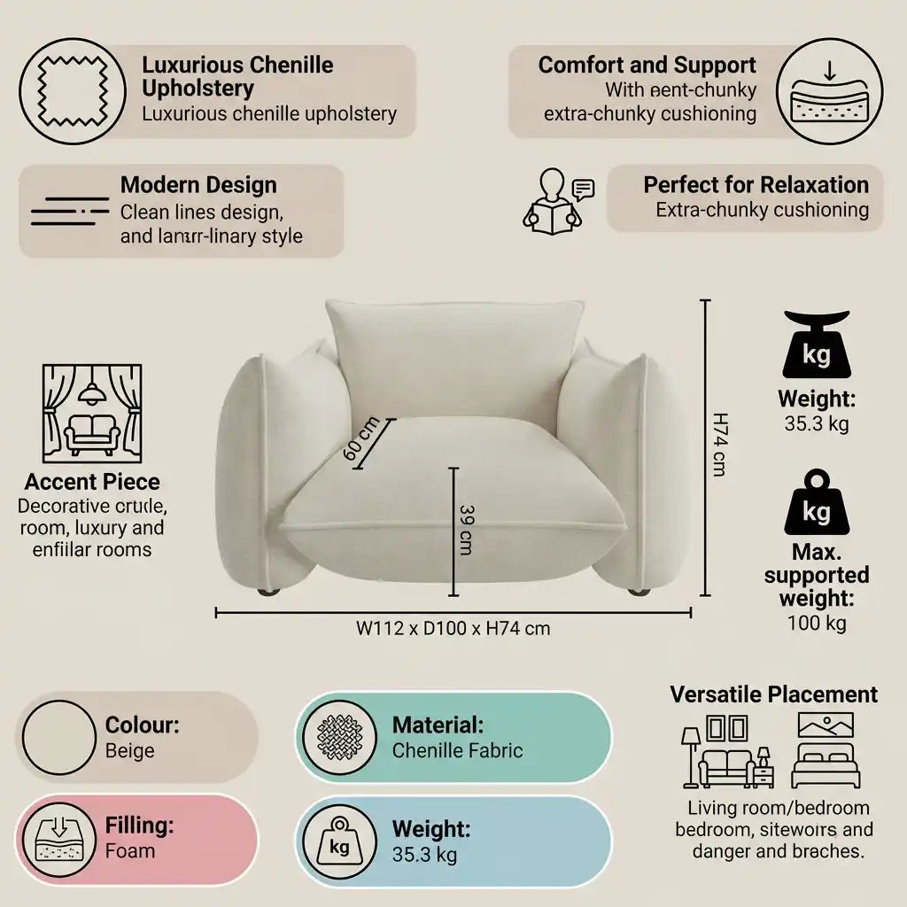 Beige armchair with product features and specifications on a beige background