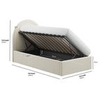 Beige bed frame with dimensions labeled on a white background