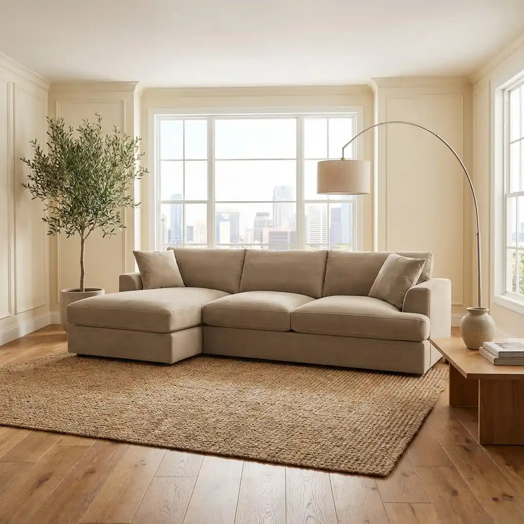Beige sectional sofa in a living room with large windows and a plant.
