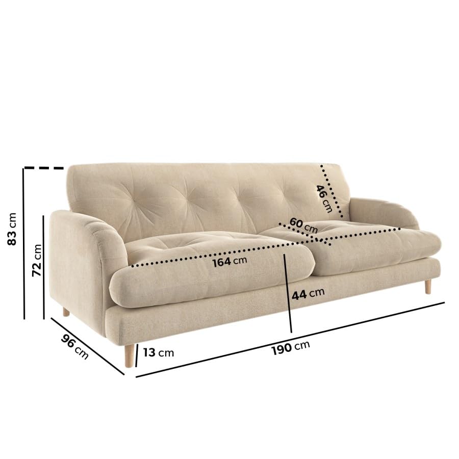 Beige sectional sofa with dimensions marked on a white background
