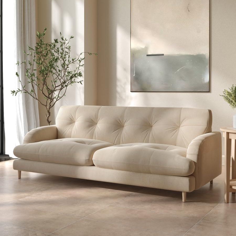 Beige sofa in a modern living room with a plant and wall art.