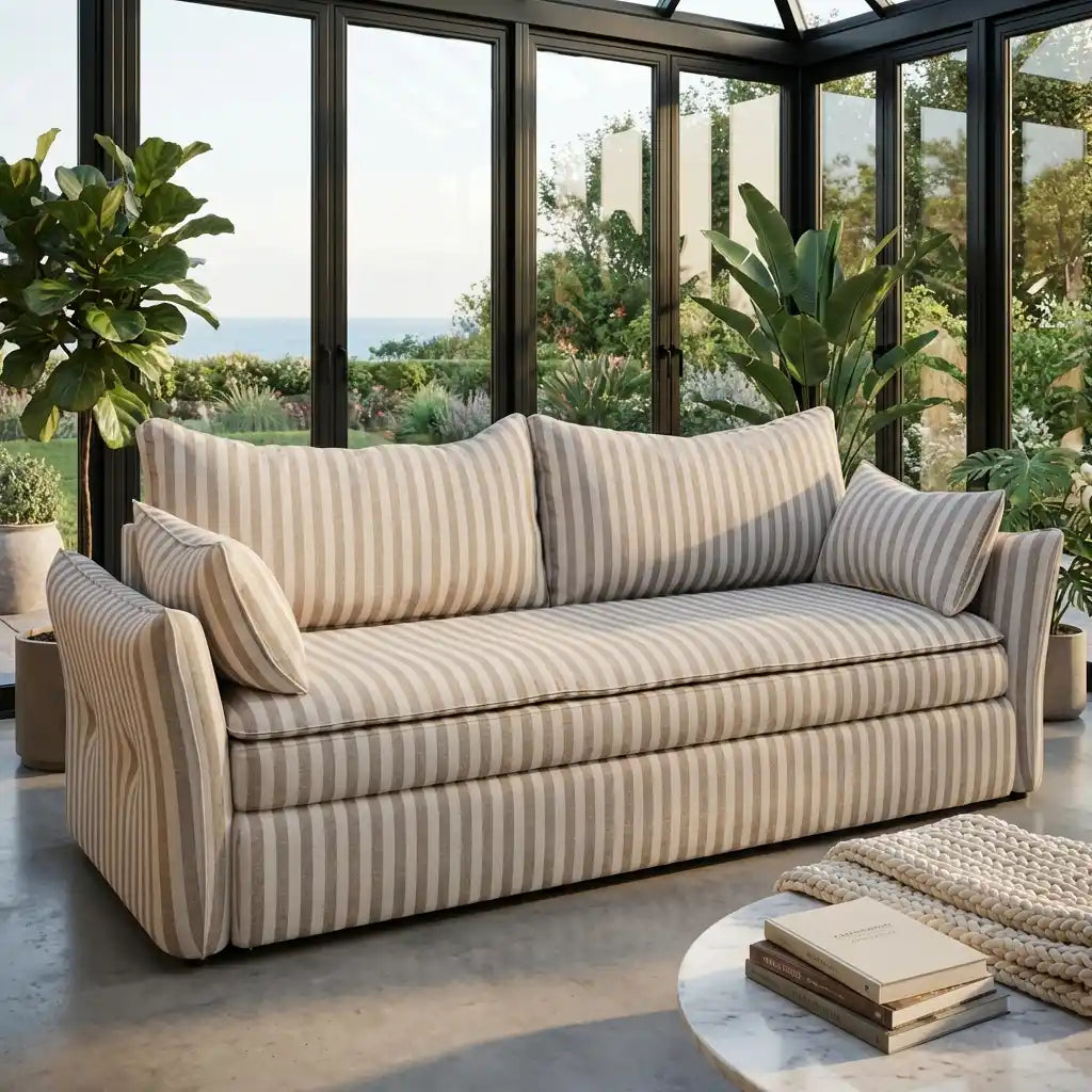 Beige striped sofa in a modern indoor setting with large windows and plants