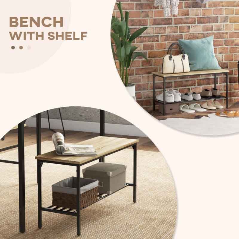Bench with shelf in a room setting with shoes and a plant.