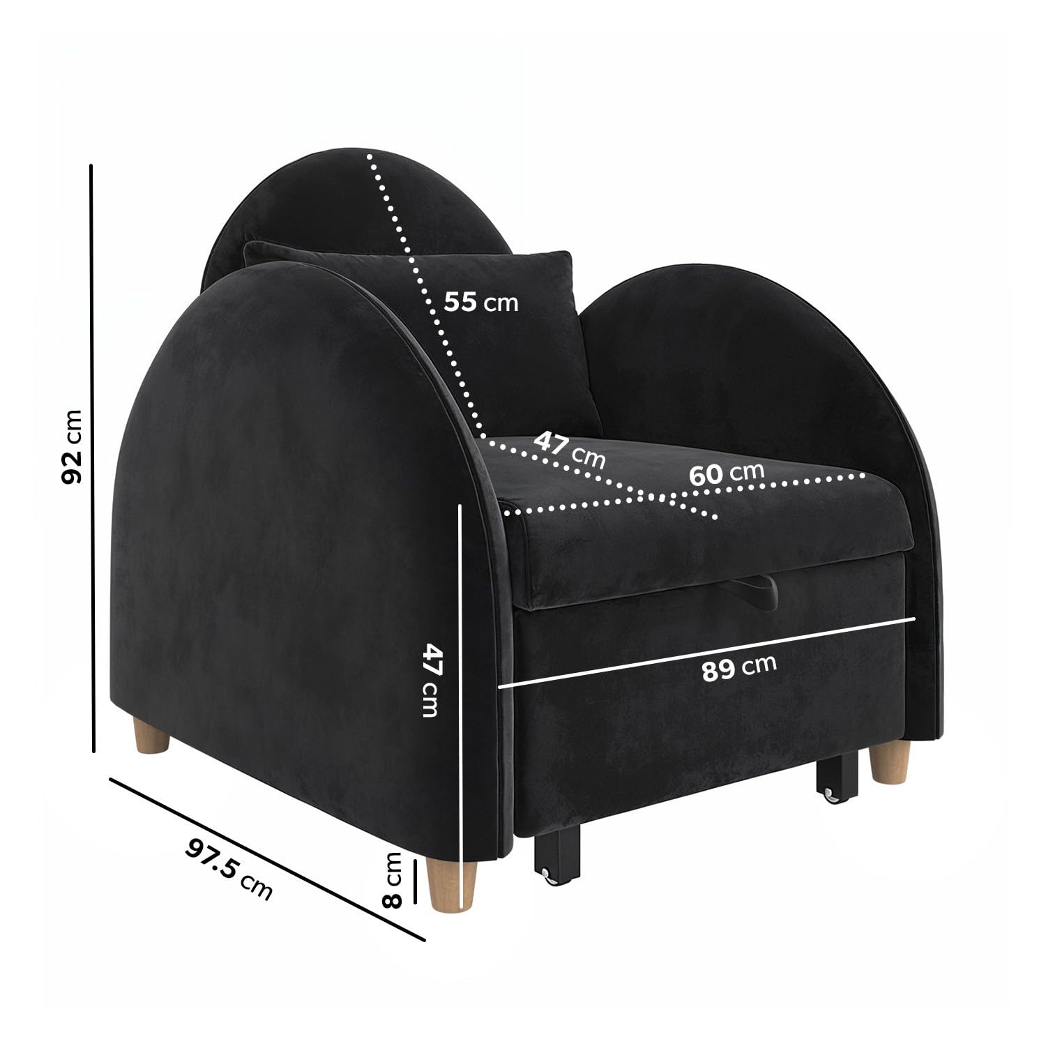 Black armchair with dimensions marked on a white background