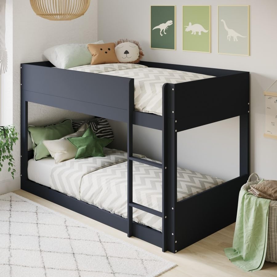 Black bunk bed in a room with dinosaur-themed wall art and decorative pillows.