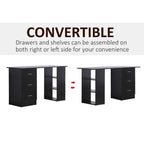 Black convertible desk with text indicating drawers and shelves can be assembled on either side.
