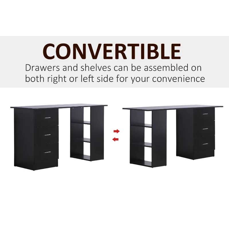 Black convertible desk with text indicating drawers and shelves can be assembled on either side.