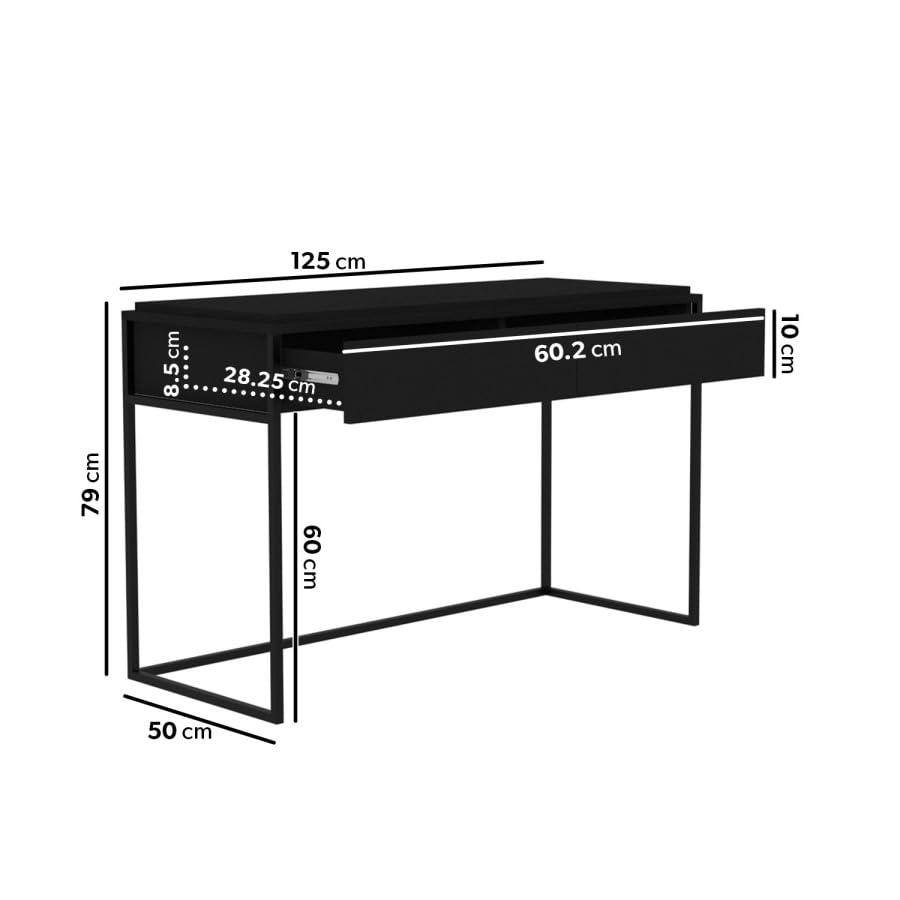 Black desk with dimensions labeled on a white background