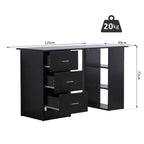 Black desk with drawers and dimensions on a white background