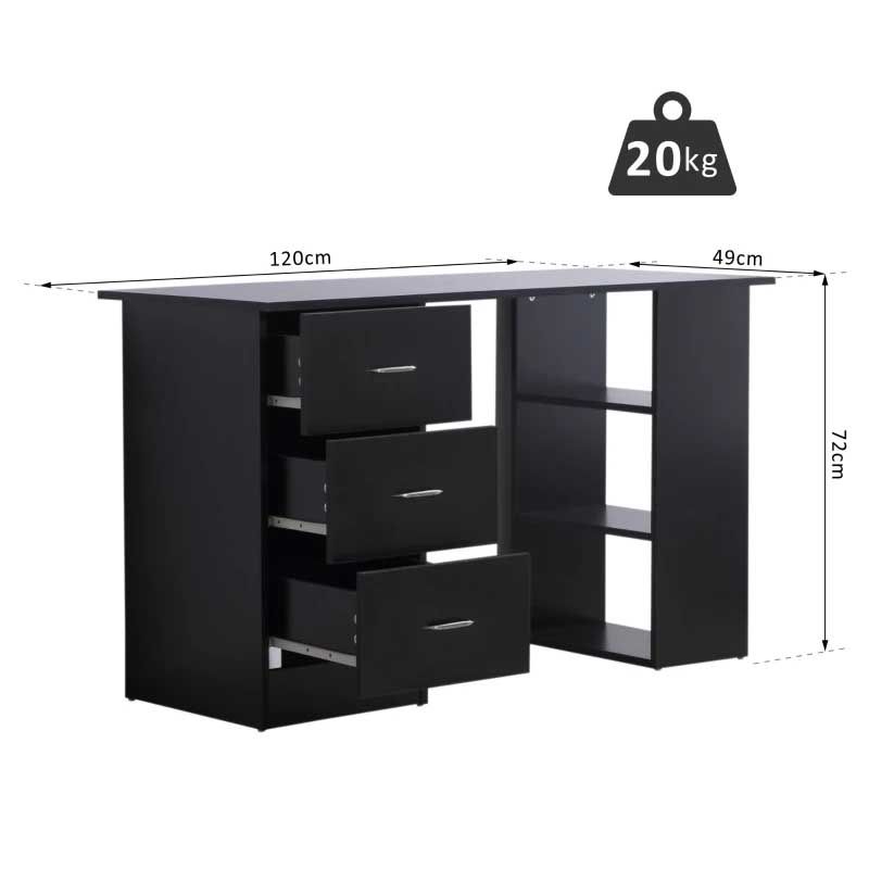 Black desk with drawers and dimensions on a white background
