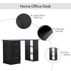 Black home office desk with features highlighted on a white background