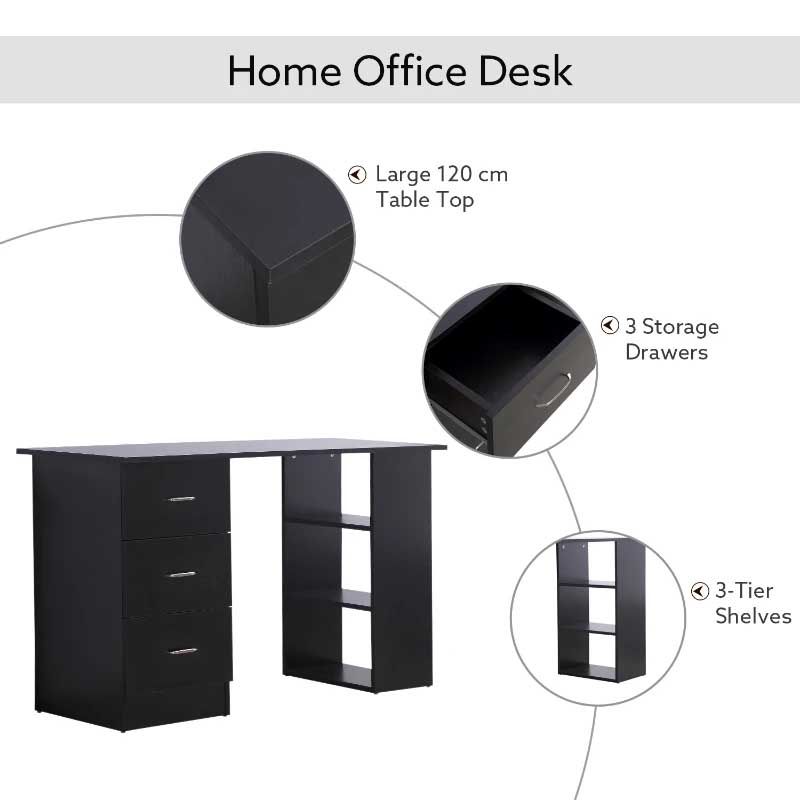 Black home office desk with features highlighted on a white background