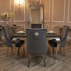 Black marble top 150cm dining table chrome frame with matching velvet grey lionhead knocker chairs 