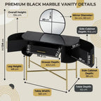 Black marble vanity with detailed measurements on a beige background
