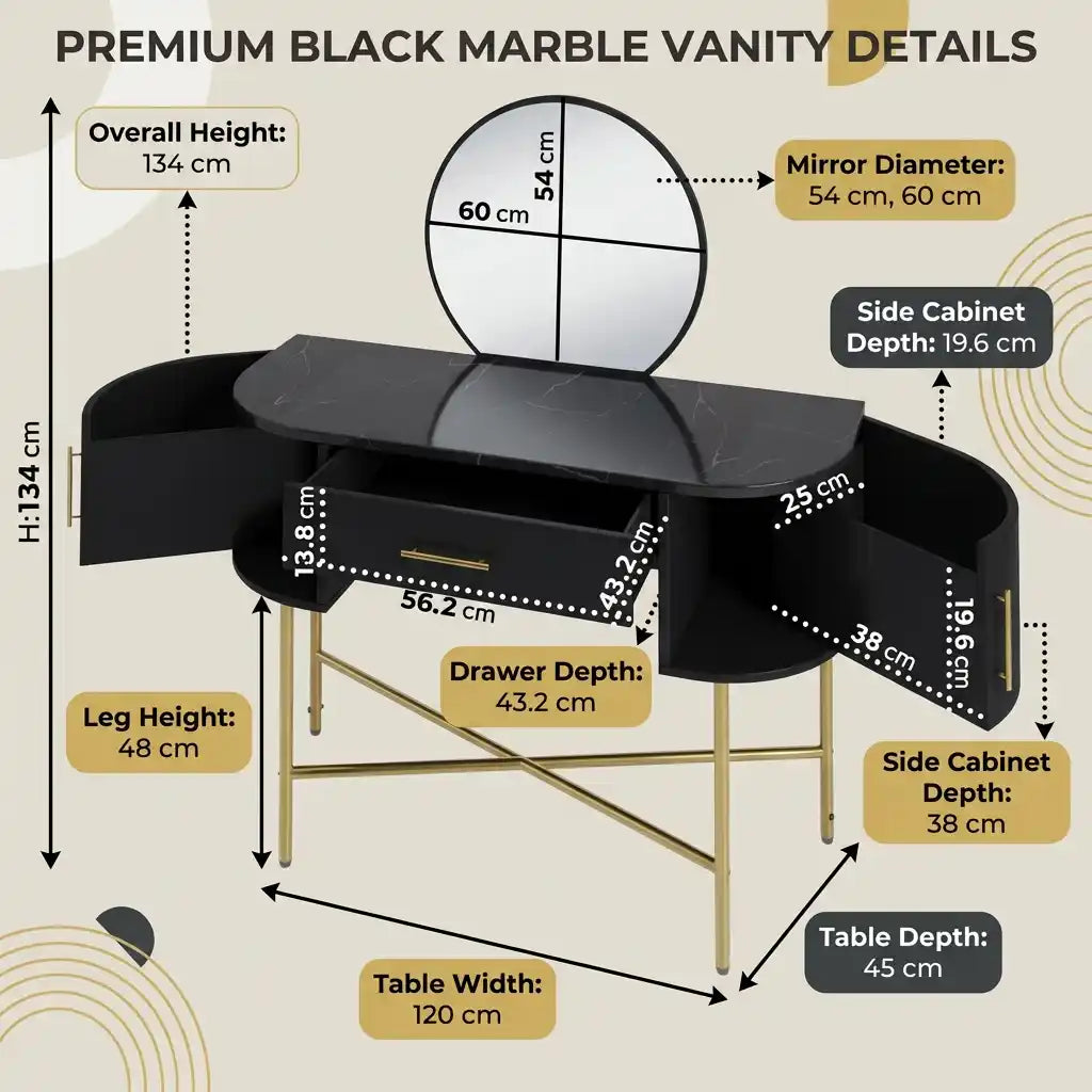 Black marble vanity with detailed measurements on a beige background