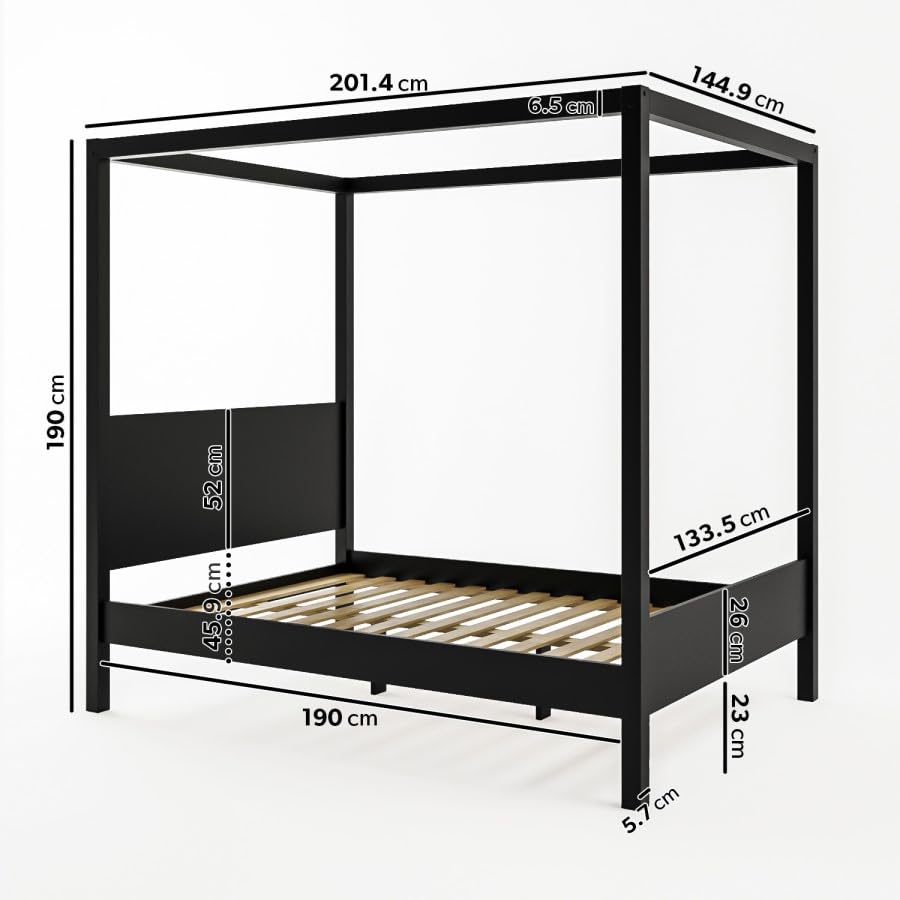 Black metal canopy bed with dimensions labeled on a white background