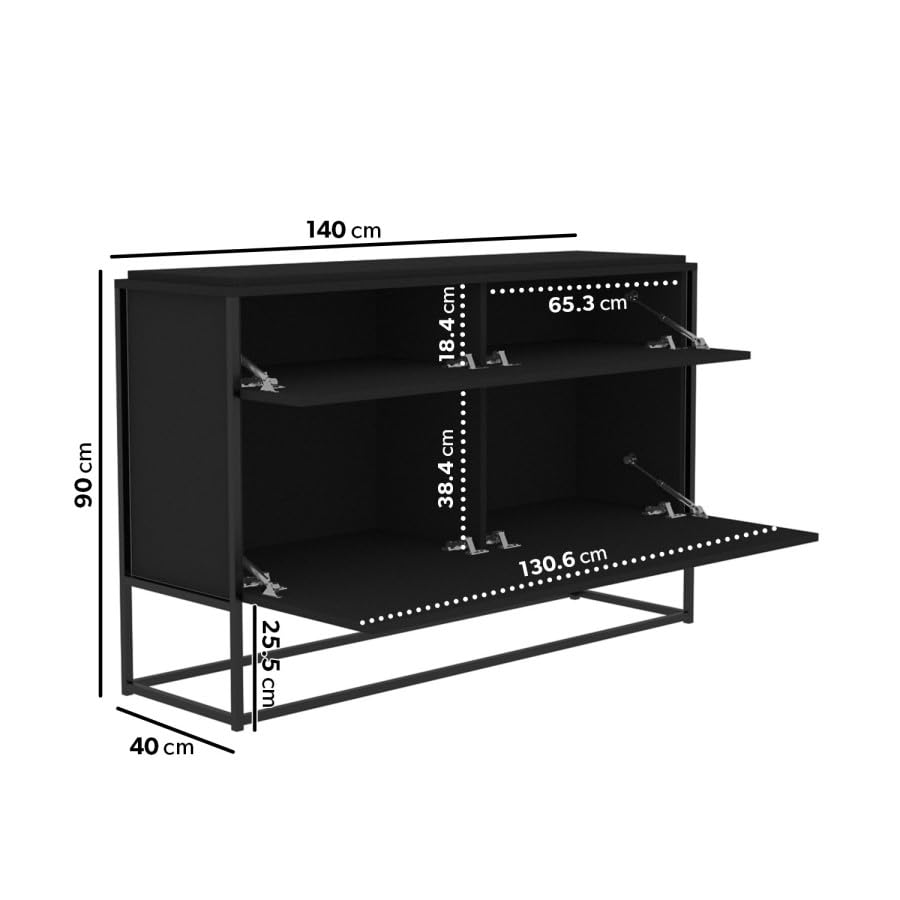 Black shelving unit with dimensions labeled on a white background