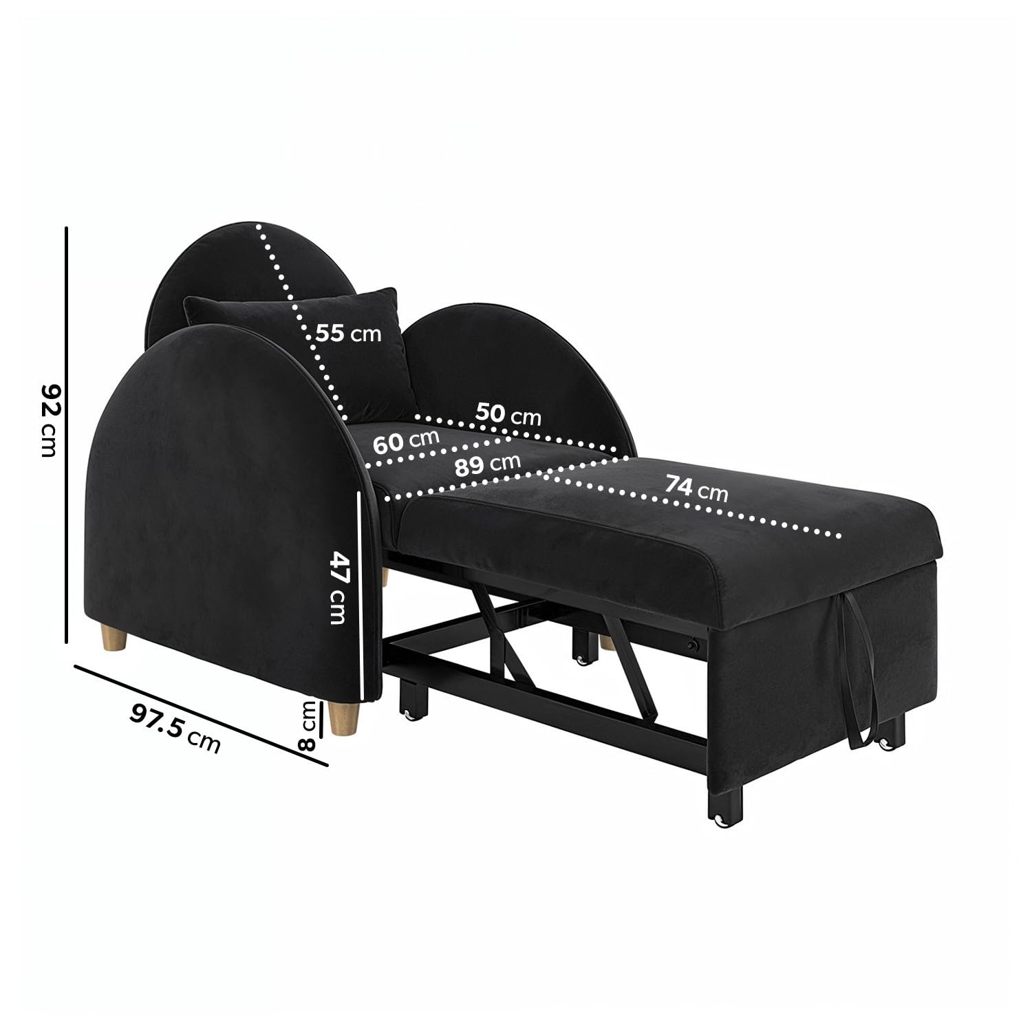 Black sofa bed with dimensions marked on a white background