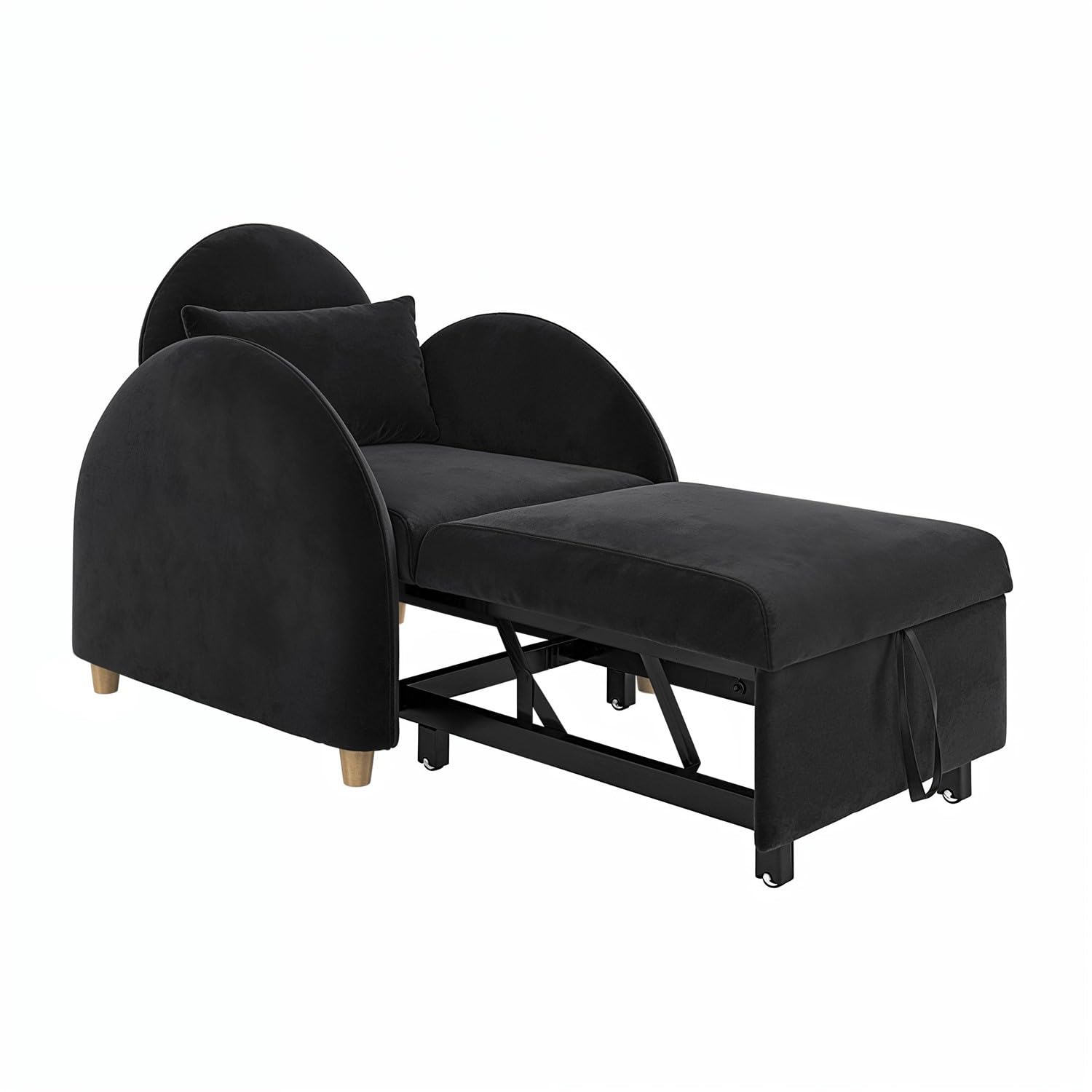 Black upholstered bed with curved design on a white background
