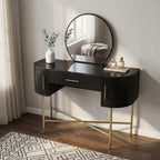Black vanity table with gold legs in a room setting