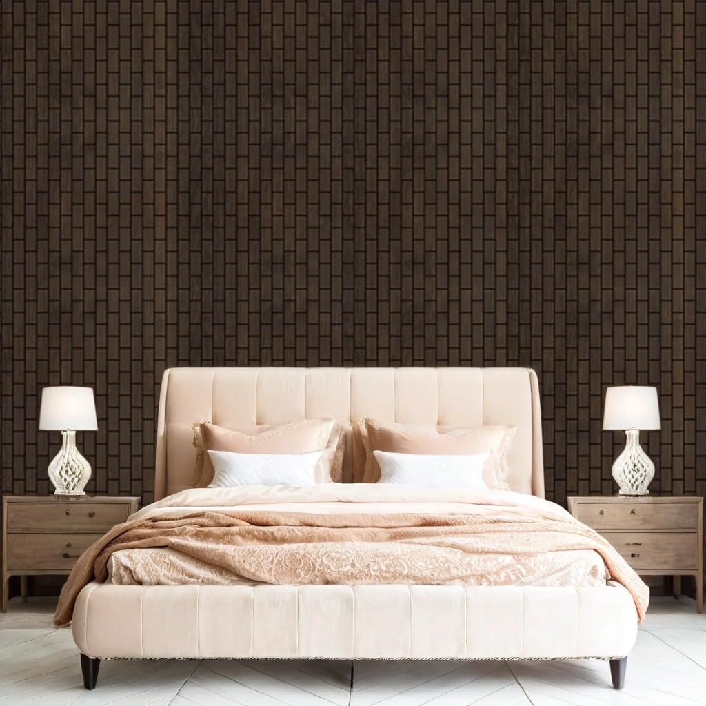 Beige upholstered bed with matching headboard against a brown woven wall, flanked by two lamps on wooden nightstands.