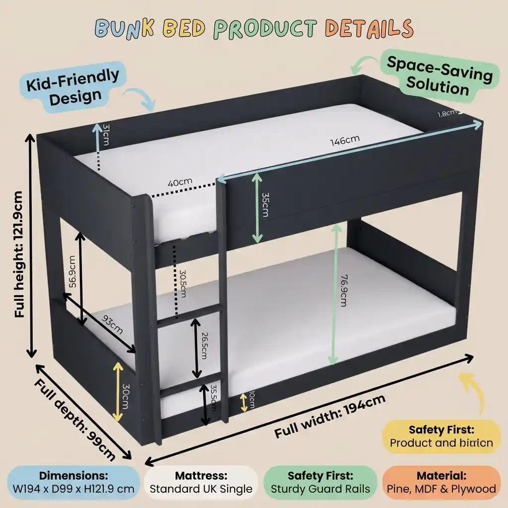 Bunk bed with dimensions and features highlighted on a beige background