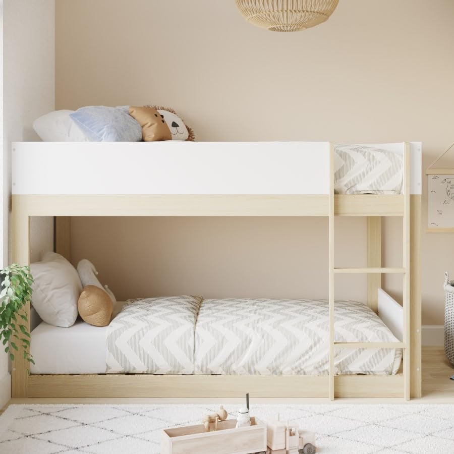 Bunk bed with white bedding in a room with a plant and wooden floor.