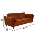 Burnt orange sofa bed with dimensions labeled on a white background