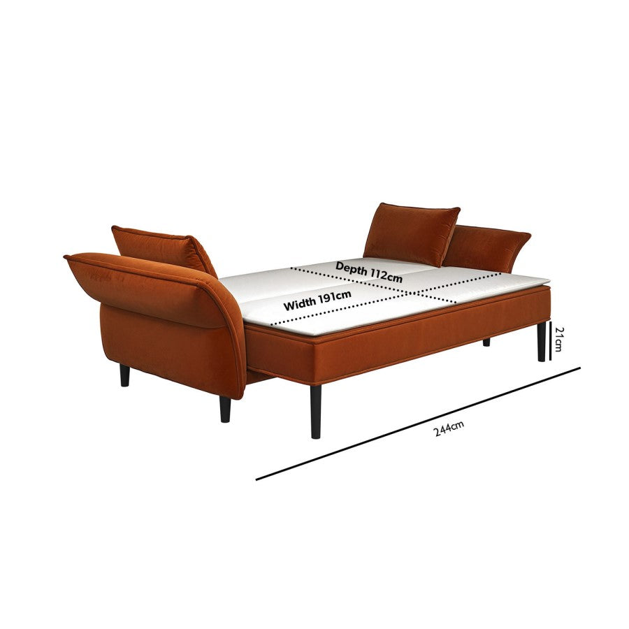 Burnt orange  upholstered bed with dimensions displayed on a white background